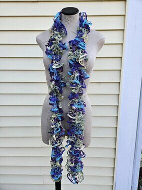 Handmade Crocheted Ruffle Long Fashion Scarf Blue Green Purple Cream Colors